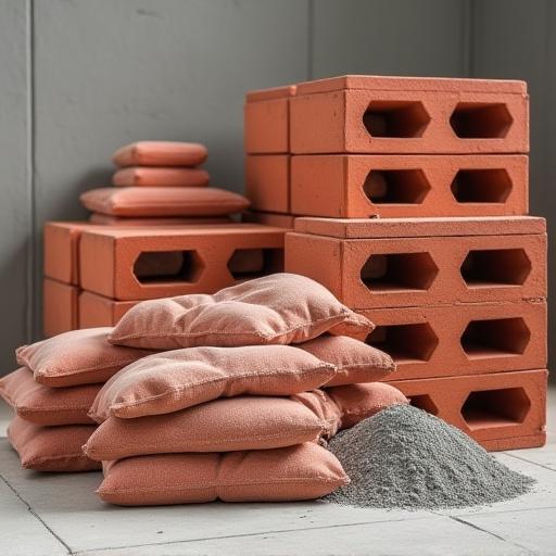 Pila di mattoni forati e sacchi di cemento.